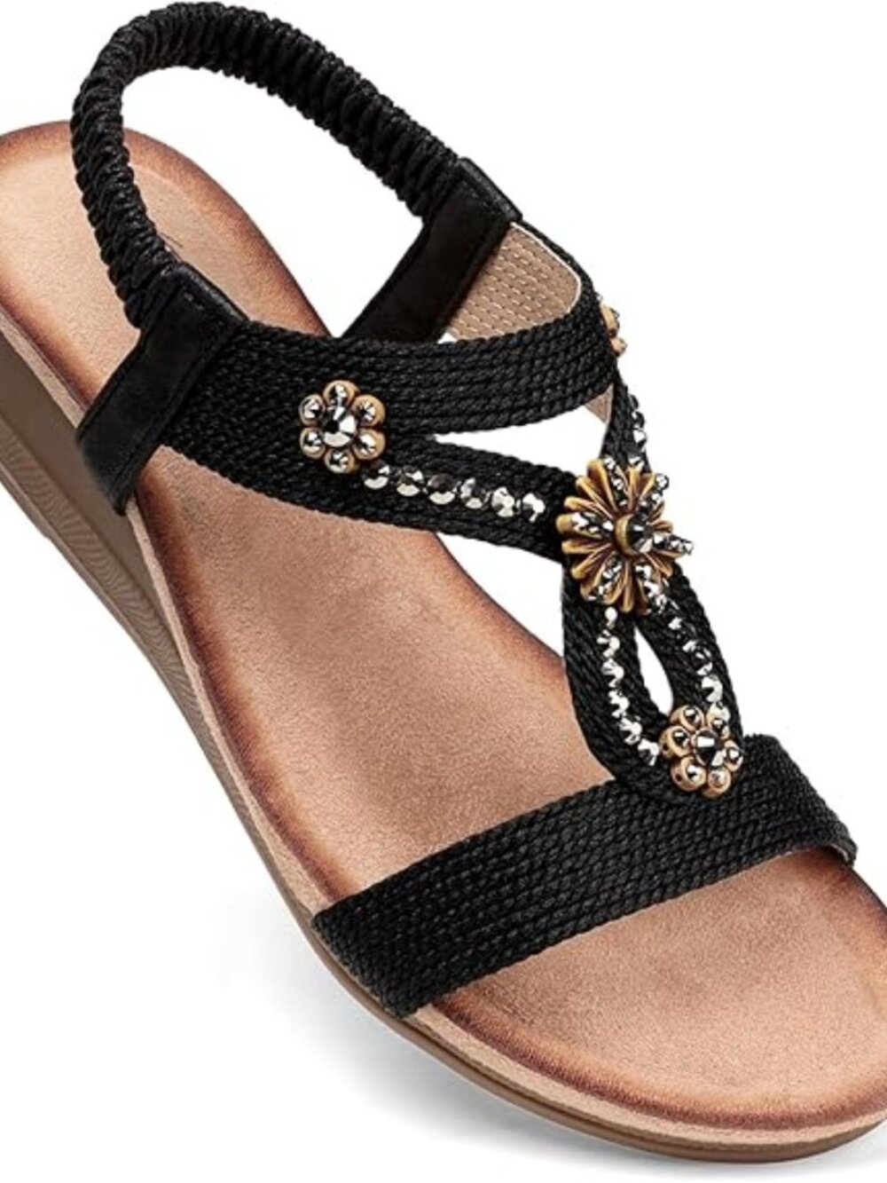 Womens Wedge Sandals Flower Low Heel Dressy Sandals Elastic Ankle Strap Rhinesto